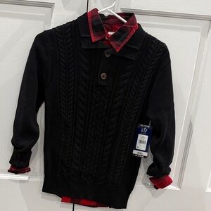Black Cable Knit Sweater set  with red plaid button down shirt